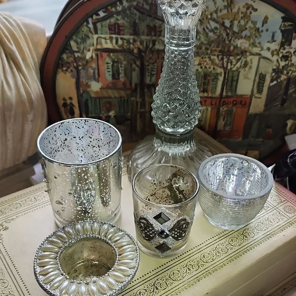 Holiday Glow Mercury Glass Candleholders Different Heights Textures #6F